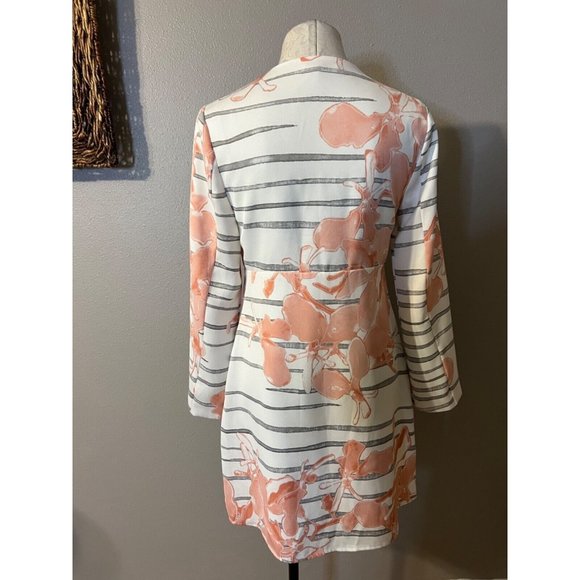 Halston Heritage Dress 6 Stretch Deep V Slit Sleeve Ivory Black Orange - Picture 3 of 8
